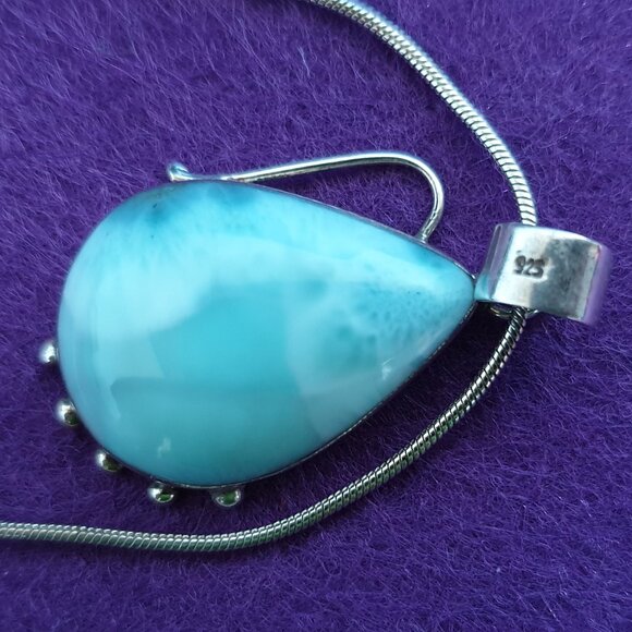 Beautiful Vintage 925 Sterling Silver Natural Larimar Statement Pendant Necklace - Picture 8 of 13